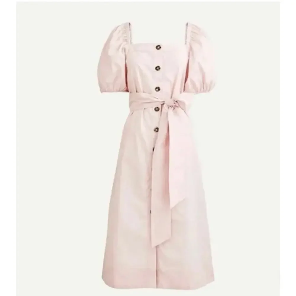 J.Crew Pink Cotton Midi Dress L Puff Sleeve Square Neck Button Front Cottagecore